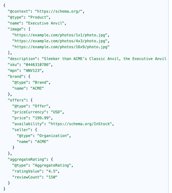 Example of schema data for a product