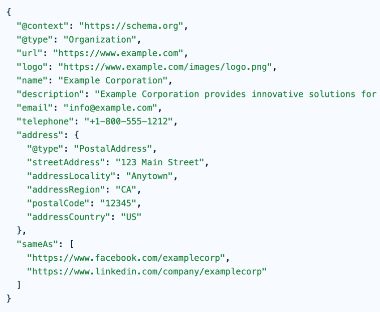 Example of schema data for an organisation